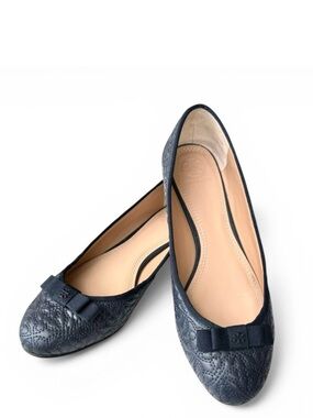 Tory Burch Marion Quilted Navy Blue Flats Leather Bow Detail